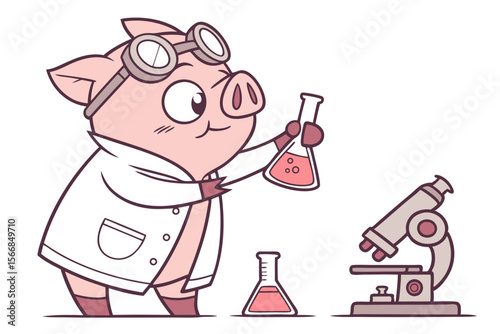 Vector cute Pig cartoon character, dressed as a scientist, holding a beaker, intelligent and inquisitive expression, laboratory equipment hint, isolated on white background