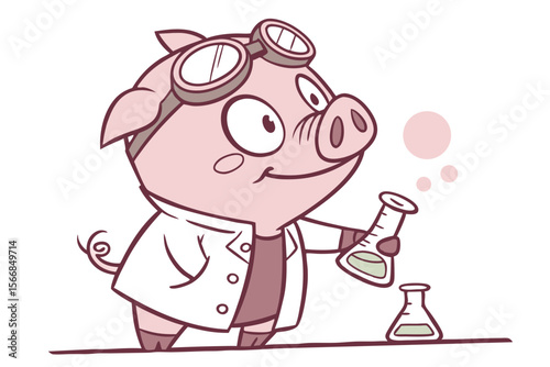 Vector cute Pig cartoon character, dressed as a scientist, holding a beaker, intelligent and inquisitive expression, laboratory equipment hint, isolated on white background