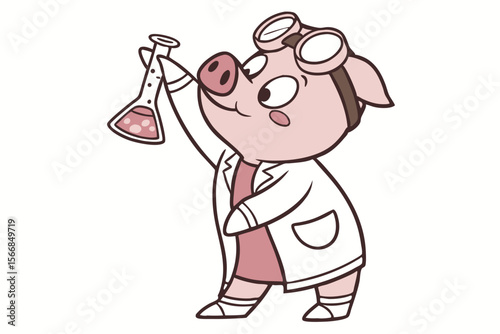 Vector cute Pig cartoon character, dressed as a scientist, holding a beaker, intelligent and inquisitive expression, laboratory equipment hint, isolated on white background
