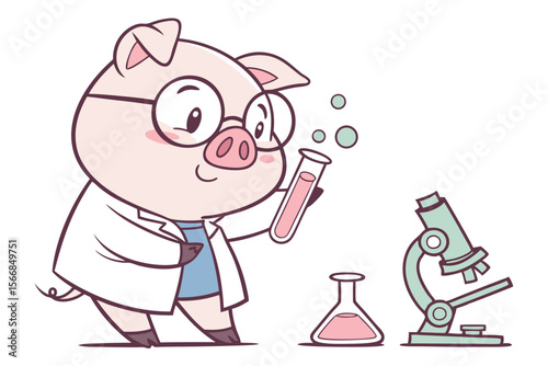 Vector cute Pig cartoon character, dressed as a scientist, holding a beaker, intelligent and inquisitive expression, laboratory equipment hint, isolated on white background