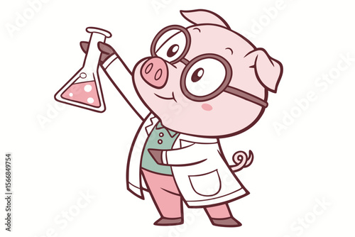 Vector cute Pig cartoon character, dressed as a scientist, holding a beaker, intelligent and inquisitive expression, laboratory equipment hint, isolated on white background