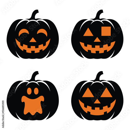 Dark Halloween Pumpkin Vector Silhouettes on White