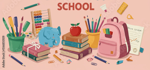 Back to School Supplies Illustration Collection with Books and Stationery