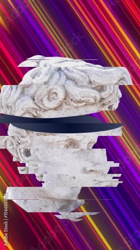 Animation of antique sliced head sculpture over striped background