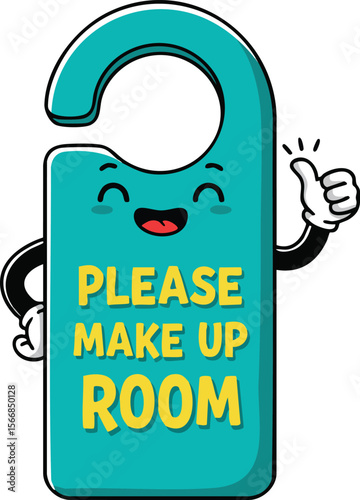 Cute teal door hanger with please make up room text and happy face giving thumbs up vector design