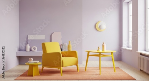 Modern, minimalist living room interior design with a yellow armchair and table.