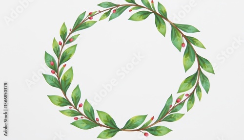 Circular Green Leaf Wreath with Red Berries on White Background