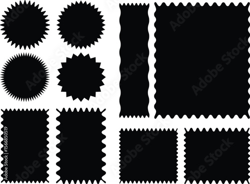 Zigzag edges set. Torn paper, jagged rectangular shape box element set with zigzag edges. Silhouette stickers circle, square, oval and rectangle labels