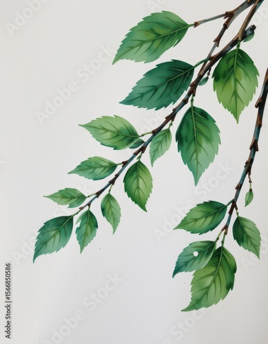 Elegant Green Leaves Branch Against Soft White Background