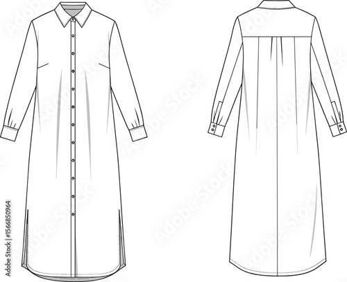 Long-sleeved shirt dress technical sketch front and back view, button-down design, side slit, cuff detail, pleated back yoke, fashion template illustration