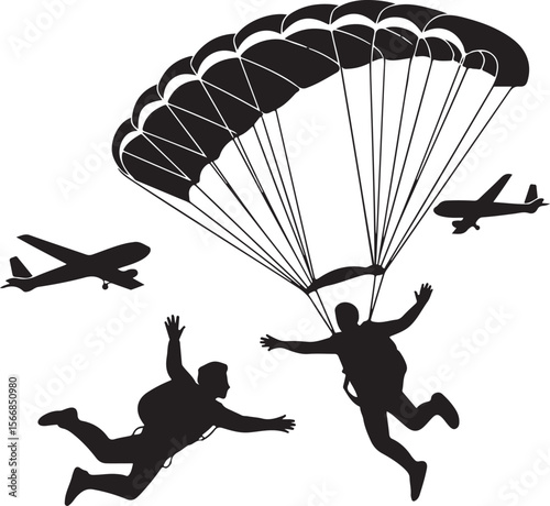 Skydiver Freefall Silhouette Over Mountains

Parachutist Deploying Canopy Vector Design

Tandem Skydiving Silhouette Scene

Parachute Opening in Midair Vector Art

Landing Parachutist Silhouette Illus