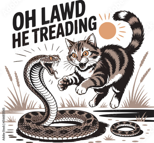 Tabby cat confronting coiled rattlesnake in grassy terrain confrontation attack