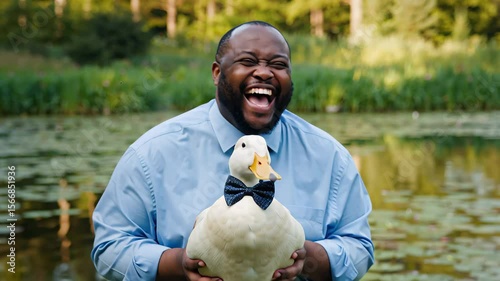 Laughing African American man holds a duck wearing a bow tie by a pond, funny animal friendship and joyful pet bonding concept