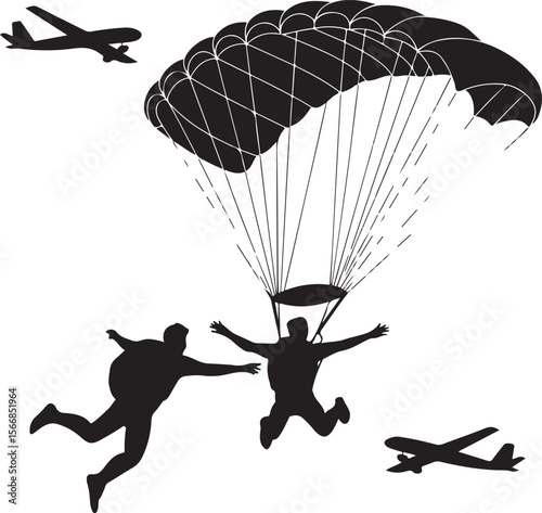 Skydiver Freefall Silhouette Over Mountains

Parachutist Deploying Canopy Vector Design

Tandem Skydiving Silhouette Scene

Parachute Opening in Midair Vector Art

Landing Parachutist Silhouette Illus