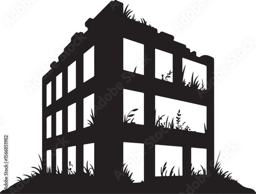 Abandoned building with overgrown vegetation in a stark black silhouette