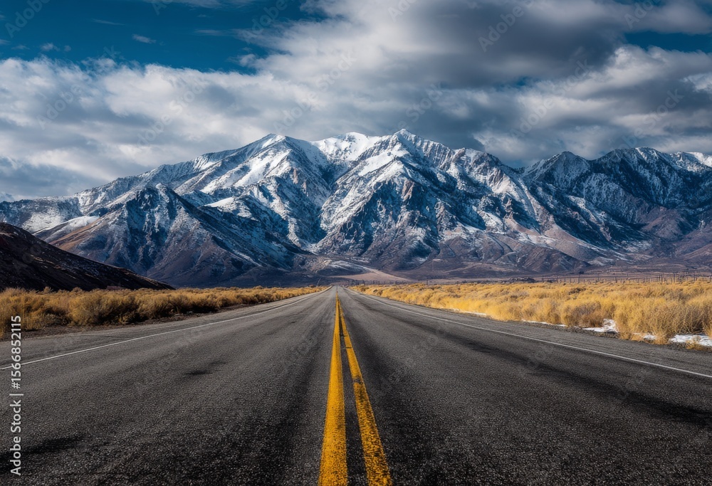 Fototapeta premium Scenic Road to Snowy Mountain Peaks A journey through nature's grandeur unfolds under a cloudy sky, inspiring exploration and freedom.