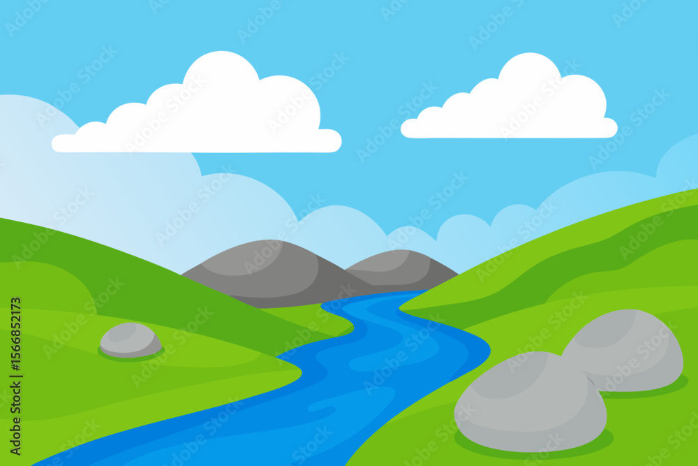 Obraz premium A Beautiful And Clean Landscape Scene With A River Flowing In A Green Lush Valley