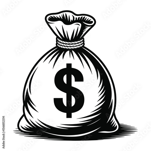 Black and white illustration of money bag with bold dollar sign

