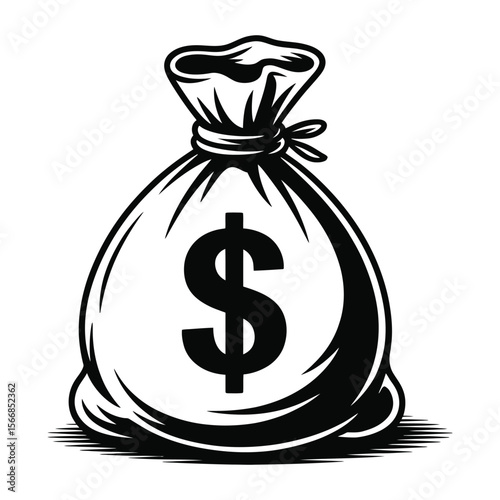 Black and white illustration of money bag with bold dollar sign

