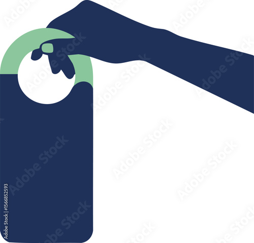 Hand holding door hanger sign for do not disturb or privacy concept in minimal blue and green vector design
