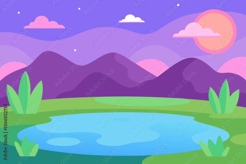Fototapeta premium A Fun Cartoon Landscape Featuring A Pond In The Foreground And Green Hills In Back
