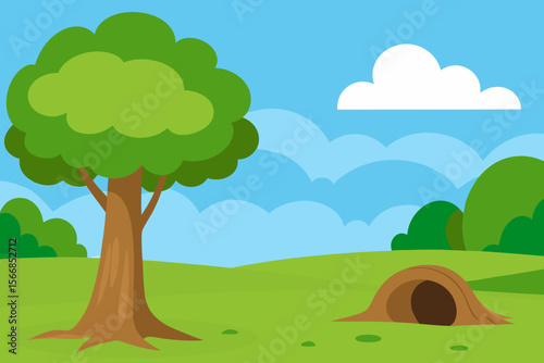 A Fun Cartoon Background Of A Park Or Forest Clearing With A Single Bench And A Lamp
