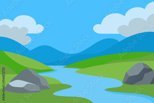 A Modern And Clean Landscape Scene With A River Flowing In A Green And Lush Valley