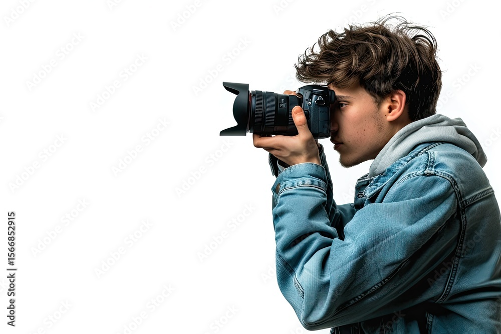Premium Quality Picture of Young Photographer Man Over Isolated White Background Looking Side Premium Quality Picture of Young Photographer Man Over Isolated White Background Looking Side