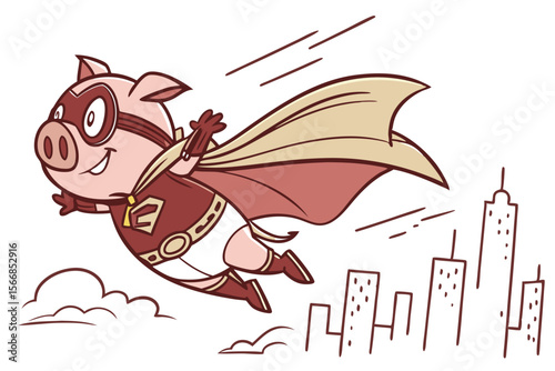 Vector cute Pig cartoon character, dressed as a superhero, flying through the sky, determined and powerful expression, city skyline hint, dynamic action lines, isolated on white backgrou