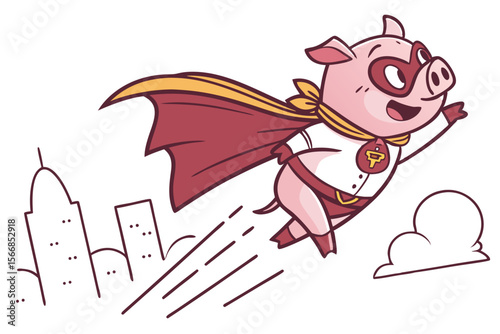 Vector cute Pig cartoon character, dressed as a superhero, flying through the sky, determined and powerful expression, city skyline hint, dynamic action lines, isolated on white backgrou