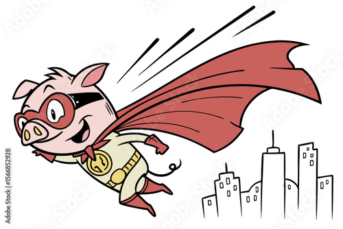 Vector cute Pig cartoon character, dressed as a superhero, flying through the sky, determined and powerful expression, city skyline hint, dynamic action lines, isolated on white backgrou