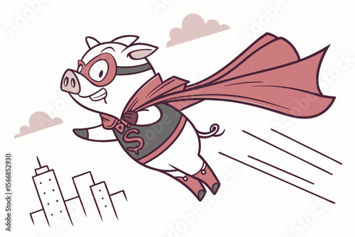 Vector cute Pig cartoon character, dressed as a superhero, flying through the sky, determined and powerful expression, city skyline hint, dynamic action lines, isolated on white backgrou