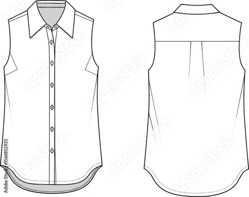 Sleeveless button-up shirt front and back view technical sketch, collar and pleat detail, curved hemline, structured seams, fashion design garment template
