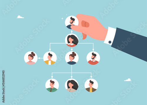 Appointment of new director or top manager by senior management, workforce distribution, change team structure for efficiency, restructure organization, hand places leader on top of chart.