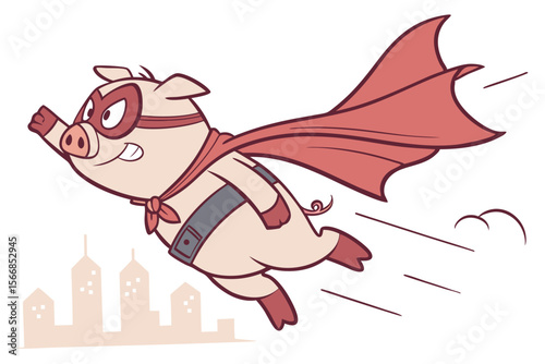 Vector cute Pig cartoon character, dressed as a superhero, flying through the sky, determined and powerful expression, city skyline hint, dynamic action lines, isolated on white backgrou