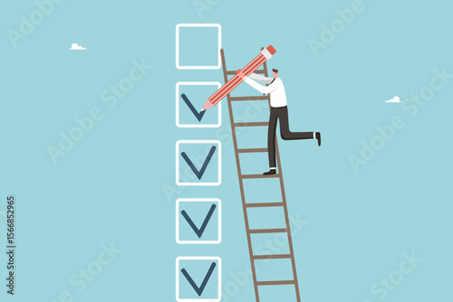 Successful completion of tasks and assignments, planning work schedule, time management and business scheduling, making business decisions, rational thinking, man draws a check mark in a box.