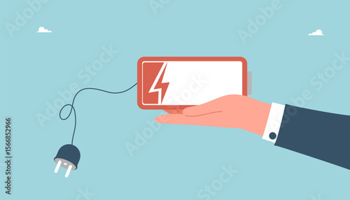 Lack of strength or energy for productive work, emotional burnout or fatigue, loss of inspiration or lack of ideas for business development, replenishment of energy, man holding dead battery.