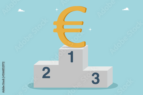 Growth of euro currency, Increasing income and wages, financial growth, improving economy, profitability of the investment portfolio, reduction in inflation, euro sign on top of the podium.