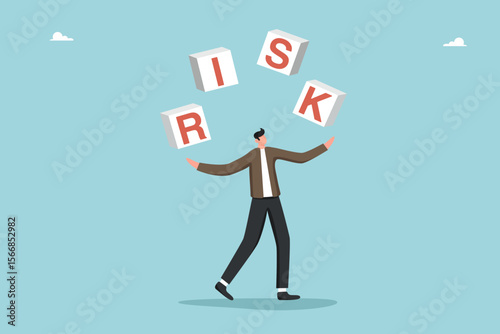 Risky choice of strategy or development path, leadership in preventing unforeseen circumstances, confidence in high-risk investments, overcoming obstacles to achieving goals, man juggling cubes risk.