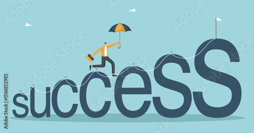 Planning a path to great success, achieving high results at work, career growth, overcoming difficulties and achieving business goals, a man with an umbrella walking on increasing success.