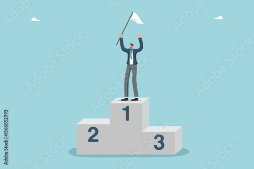 Сoncept of victory and great success, path to achieve excellence in work, achieving getting career promotion, accuracy in setting goals, high results, receive rewards, man on top of podium with flag.