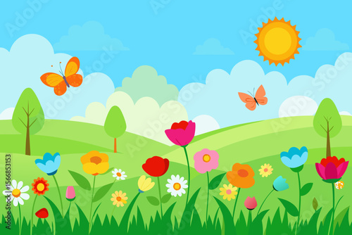 A Bright And Realistic Spring Meadow Background With Many Colorful Wildflowers