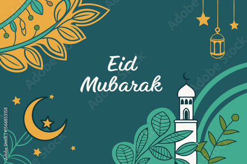 Eid Mubarak Islamic Greeting With Crescent Moon And Mosque vector