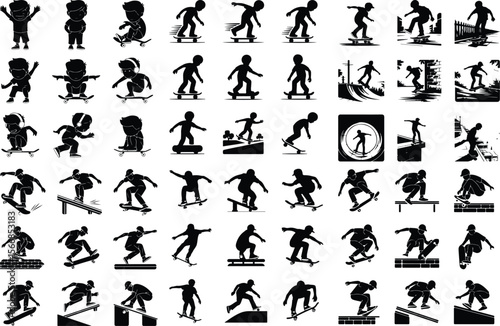Skateboarding Kid Vector Icons – Dynamic Silhouette Set Boy on Skateboard Silhouette Set – Cool Skater Icon Collection