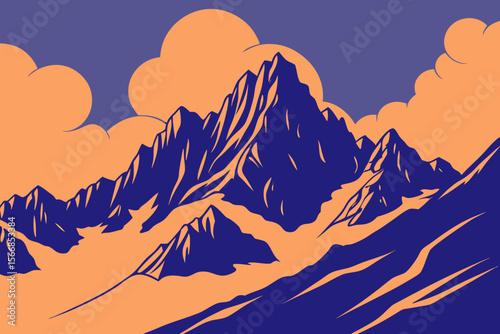 A Stunning Vector Illustration Of A Jagged Mountain Range At Night With A Full Moon