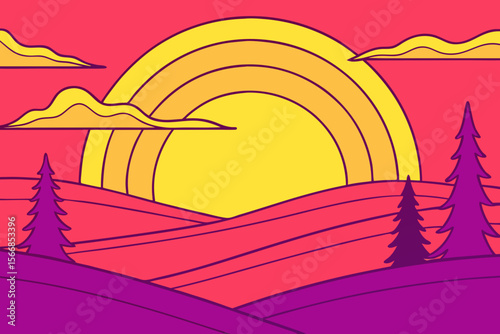 A Bright And Stylized Illustration Of A Dramatic Sunset Over A Dark Mountain Range