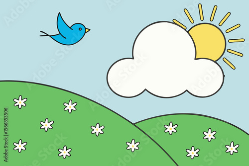 A Vertical Cartoon Art Piece Of A Cheerful Sunny Day With A Path And Green Hills