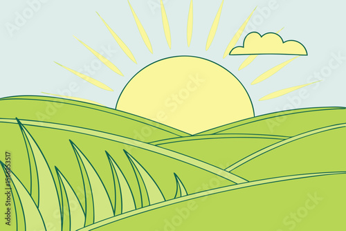 A Modern And Stylized Vector Illustration Of A Sunrise Over A Calm And Blue Ocean