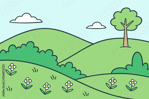 A Sweet And Cute Flat Landscape For Children With Smooth Hills And A Smiling Sun