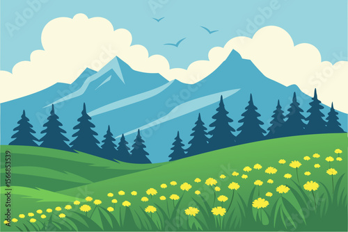A Stunning Mountain Landscape Vector Illustration With A Lake And A Clear Blue Sky
